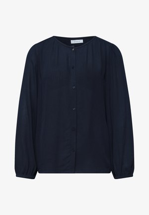 Granatowa bluzka z długim rękawem, okrągłym dekoltem, guzikami z przodu, delikatnym marszczeniem na ramionach i elastycznymi mankietami.