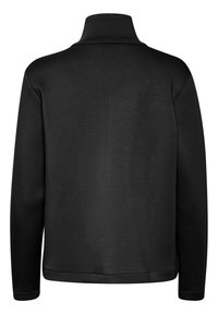 Pull-over noir à manches longues avec un col montant. Texture lisse et design simple, doté d'un ourlet droit et de coutures dissimulées.