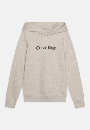 Lysegrå hættetrøje med lange ærmer og "Calvin Klein"-logo centreret foran.
