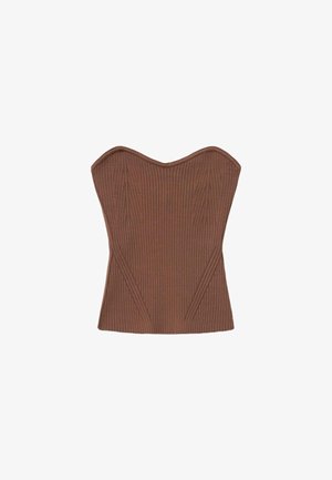 Brun ribstrikket korsettop uden stropper med et hjerteformet udskæring og tætsiddende silhuet.