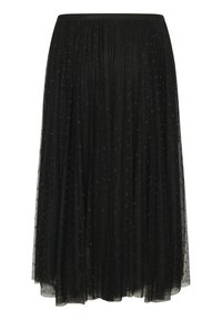 Black midi skirt made of lightweight, sheer tulle with a dotted pattern and pleated design, featuring a smooth waistband.