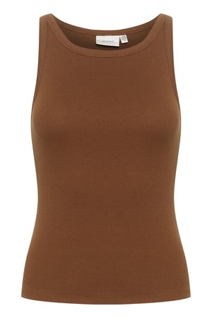 Canottiera in cotone marrone a righe con scollatura rotonda e design aderente, caratterizzata da una texture liscia e maniche corte.