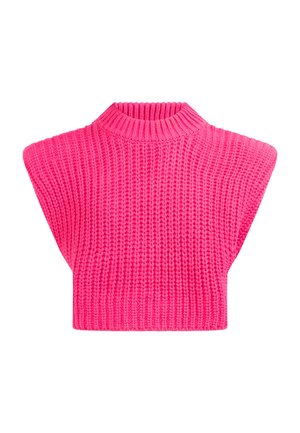 Fukszia kötött cropped top magas nyakkal, rövid ujjakkal és struktúrált anyaggal, amely bordás mintázatot mutat.