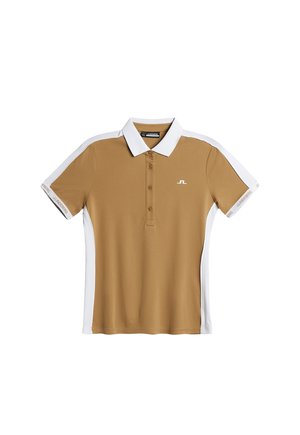 Braunes Poloshirt aus weichem Stoff, mit einem weißen Kragen und seitlichen Akzenten. Verfügt über eine Knopfleiste mit drei Knöpfen und ein Logo auf der Brust.
