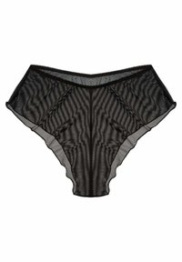 Slip da donna in pizzo nero caratterizzato da tessuto trasparente con motivo a strisce orizzontali, bordi ondulati e una cintura liscia.