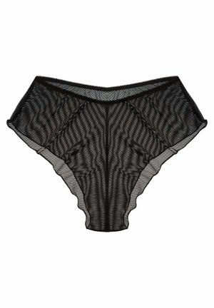 Black lace women's briefs featuring sheer fabric with horizontal striped pattern, scalloped edges, and a smooth waistband.