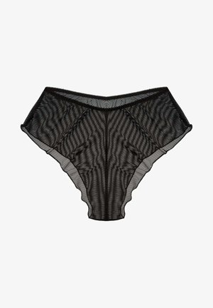 Schwarze Spitzen-Damenunterhosen aus durchsichtigem Stoff mit horizontalem Streifenmuster, gewellten Kanten und einem glatten Bund.