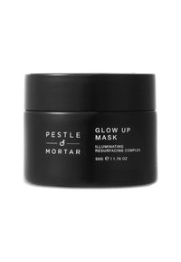 Schwarzes rundes Glas mit Schraubverschluss; beschriftet mit "Pestle & Mortar Glow Up Mask" in weißem Text, versehen mit Produktdetails und Gewicht.