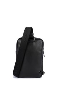 Borsa rettangolare nera in pelle con finitura texturizzata, tracolla regolabile e chiusura con zip. Presenta dettagli di cucitura blu a contrasto.