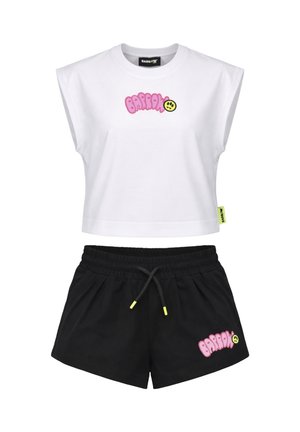 Top corto bianco senza maniche e pantaloncini neri con vita elastica, entrambi con logo rosa "BARROW" e dettagli con faccine sorridenti gialle.