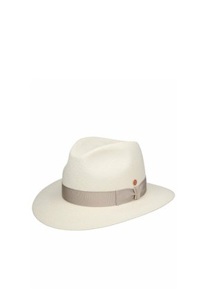 White wide-brim fedora hat with a light beige ribbon band and small round emblem on the side, displayed against a plain background.