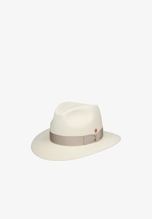 White wide-brim fedora hat with a light beige ribbon band and small round emblem on the side, displayed against a plain background.