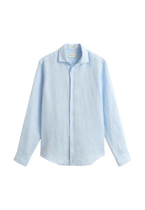 Light blue long-sleeve linen shirt with button front and collar, displayed against a white background.