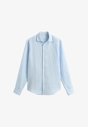 Light blue long-sleeve linen shirt with button front and collar, displayed against a white background.