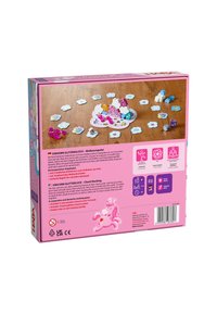 Board game box with a pink design, featuring a castle, clouds, and colorful plastic unicorn pieces. Includes instruction text on the back.