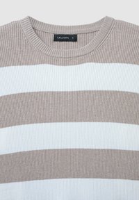 Hellbraun-weißer gestreifter Rippstrickpullover mit Rundhalsausschnitt. Das Etikett trägt "CALLIOPE" und die Größe "S." Weicher Stoff.