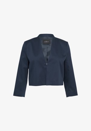 Navy blue cropped jacket with a V-neckline, long sleeves, and a single front closure. Smooth texture and clean design, made from fabric material.