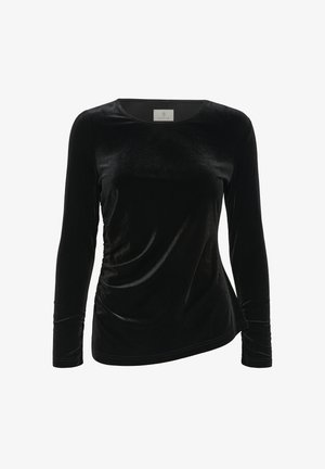 Black long-sleeve velvet women's top with round neckline and subtle ruching on left side and sleeves, slightly asymmetric hem.