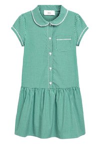 Zelená gingham šaty s golierovým výstrihom, krátkymi rukávmi, gombíkovým zapínaním vpredu a nariasenou sukňou. Obsahuje vrecko na hrudi s detailom lemu.