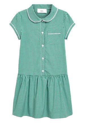 Vestido de cuadro vichy verde con cuello tipo camisa, mangas cortas, botones al frente y falda fruncida. Presenta un bolsillo en el pecho con detalle de ribete.