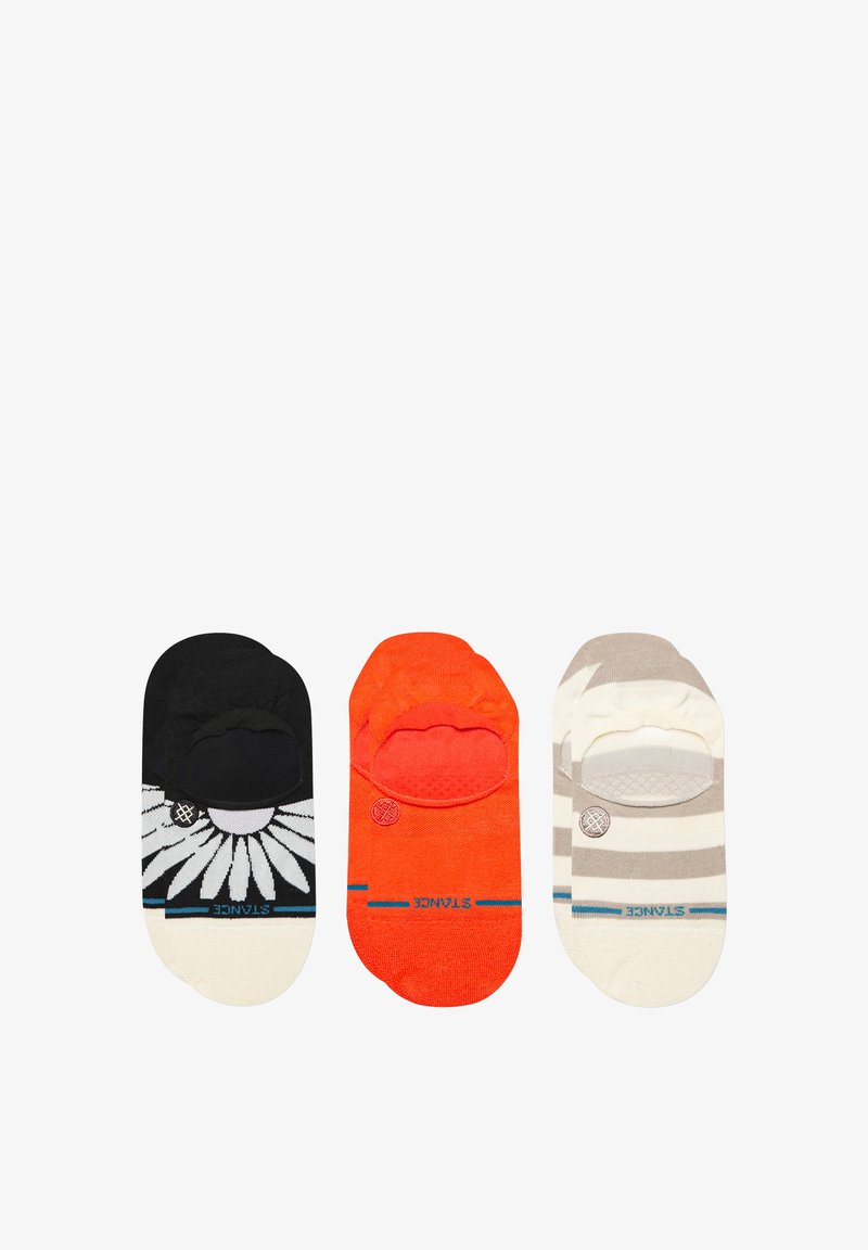 Three pairs of ankle socks: black with white flower pattern, orange, and beige striped with light and dark gray accents. Soft, stretchy fabric.