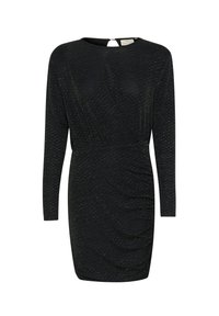 Schwarzes Kleid mit langen Ärmeln, aus strukturiertem Stoff mit dezentem Glanz, gerafftem Detail in der Taille und einem Schlüsselaugenverschluss hinten.