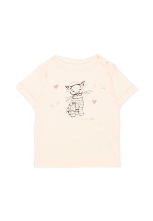 Maglietta neonata a maniche corte rosa chiaro con un grazioso schizzo di un gatto a strisce e piccoli cuori e stelle rosa sul davanti.