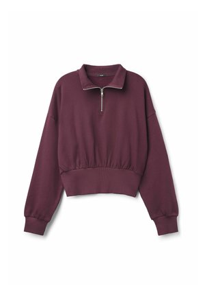 Sudadera corta burdeos con mangas largas, puños y dobladillo acanalados, y una cremallera en la parte delantera del cuello alto.