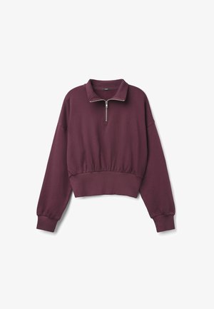 Burgunderfarbener, kürzer geschnittener Sweatshirt mit langen Ärmeln, gerippten Bündchen und Saum sowie einem Reißverschluss an dem hohen Kragen.