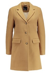 Beige uldblandingsfrakke med klapkrave, lukning med tre knapper foran, to forlommer og struktureret finish. Foret inderside.