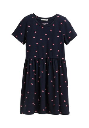 Abito navy a maniche corte con stampa di farfalle rosa, texture a costine e design gonna arricciata.