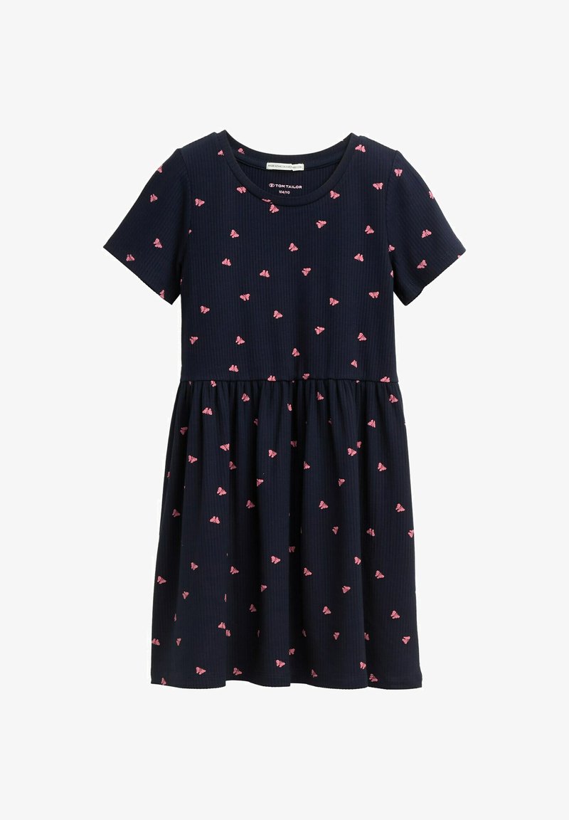 Abito navy a maniche corte con stampa di farfalle rosa, texture a costine e design gonna arricciata.