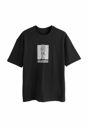 Schwarzes Baumwoll-T-Shirt mit Rundhalsausschnitt, mit weißem Grafikdesign aus wellenförmigen Linien und dem Text "JOY DIVISION UNKNOWN PLEASURES" in der Mitte.