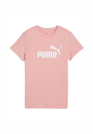 Vaaleanpunainen puuvillapaita, jossa on lyhyet hihat, pyöreä kaula-aukko ja valkoinen PUMA-logo rinnassa hyppäävän leopardin kuvalla.