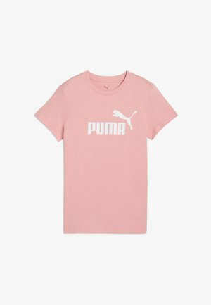 Camiseta de algodón rosa con mangas cortas, cuello redondo y un logo PUMA blanco en el pecho con un diseño de un leopardo saltando.