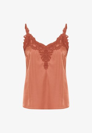 Rostfarvet cami-top i glat stof med blondekanter omkring halsen og tynde justerbare stropper. Den har en skræddersyet pasform.