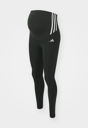 Sorte graviditets leggins med høy liv, med tre hvite striper på hver side og et adidas-logo på leggene.
