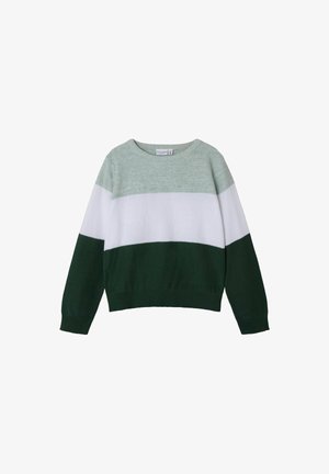 Zielono-biała sweter z dzianiny z okrągłym dekoltem, z trzema poziomymi sekcjami w blokach kolorystycznych: jasna zieleń, biel i ciemna zieleń.
