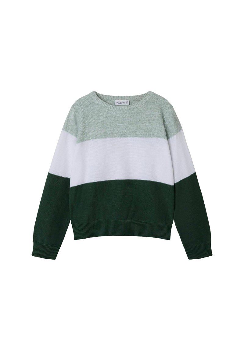 Pull en tricot à rayures vertes et blanches avec un col rond, présentant trois sections de couleur horizontales : vert clair, blanc et vert foncé.