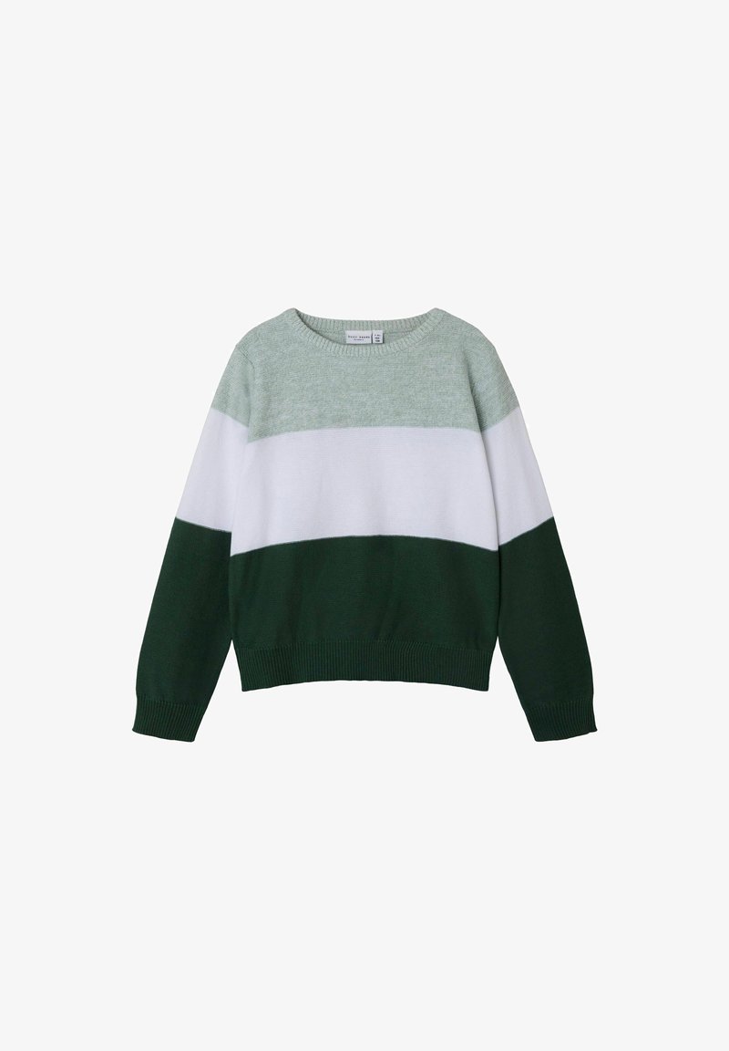 Zielono-biała sweter z dzianiny z okrągłym dekoltem, z trzema poziomymi sekcjami w blokach kolorystycznych: jasna zieleń, biel i ciemna zieleń.