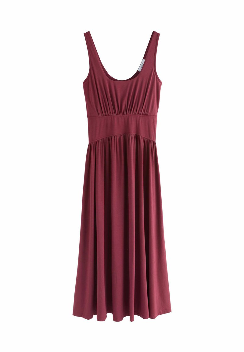 Burgundi színű kismama ruha, kerek nyakkivágással, ráncolt derékkal és lágy, A-vonalú szoknyával, puha, rugalmas anyagból.