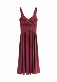 Těhotenské šaty v burgundské barvě s kulatým výstřihem, nařaseným pasem a rozšířenou sukní A-line vyrobené z měkké, elastické tkaniny.