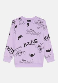 Fialová mikina s dlhými rukávmi, zdobená čiernymi kreslenými ilustráciami Stitche a textom. Hladká bavlnená látka s rebrovanými manžetami a lemom.