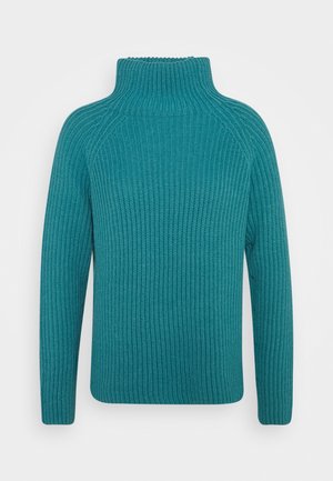 Türkis gerippter Rollkragenpullover mit langen Ärmeln, zeigt eine dicke, gemütliche Textur und einen eng anliegenden Kragen.
