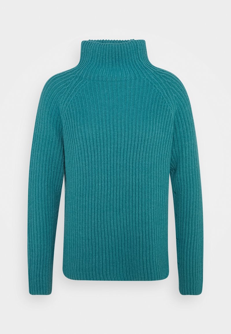 Pull à col roulé côtelé bleu sarcelle avec manches longues, présentant une texture épaisse et confortable et un col ajusté.