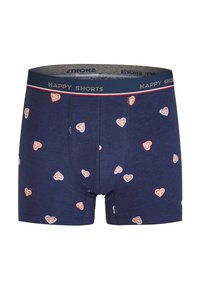 Navy blue boxer shorts with small heart patterns in red and light blue, featuring a gray elastic waistband labeled "HAPPY SHORTS."