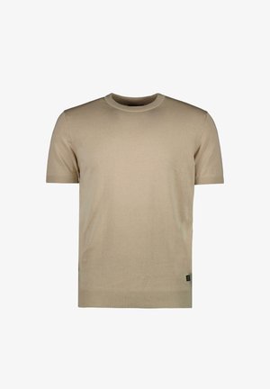 Beige gebreide t-shirt met korte mouwen en een ronde halslijn, ribgebreide boorden en zoom. Glad stoftextuur met een subtiele glans. Logotag aan de onderkant links.