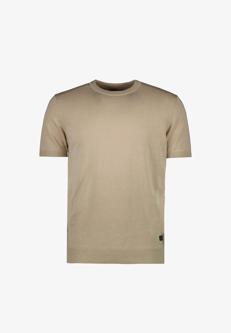 Beige gebreide t-shirt met korte mouwen en een ronde halslijn, ribgebreide boorden en zoom. Glad stoftextuur met een subtiele glans. Logotag aan de onderkant links.