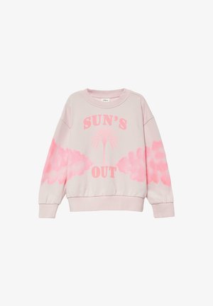 Sweatshirt rose clair avec col rond, arborant la phrase "SUN'S OUT" en lettres roses en gras et un graphique de palmier, agrémenté d'accents tie-dye roses.