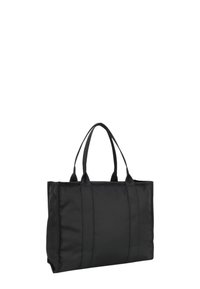 Czarna prostokątna torba na ramię wykonana z trwałego materiału, z dwiema długimi rączkami, o sztywnym kształcie i bez widocznych zdobień.
